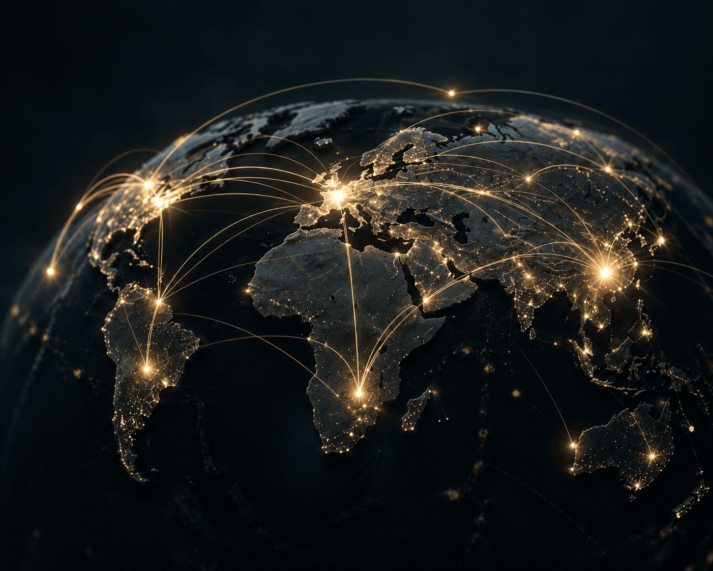 A glowing globe with arcs representing money moving between countries